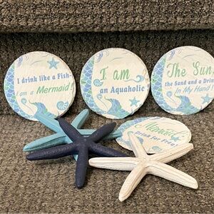 Coastal Mermaid Coasters and Starfish Decor Set - Aqua, Teal, Navy, White